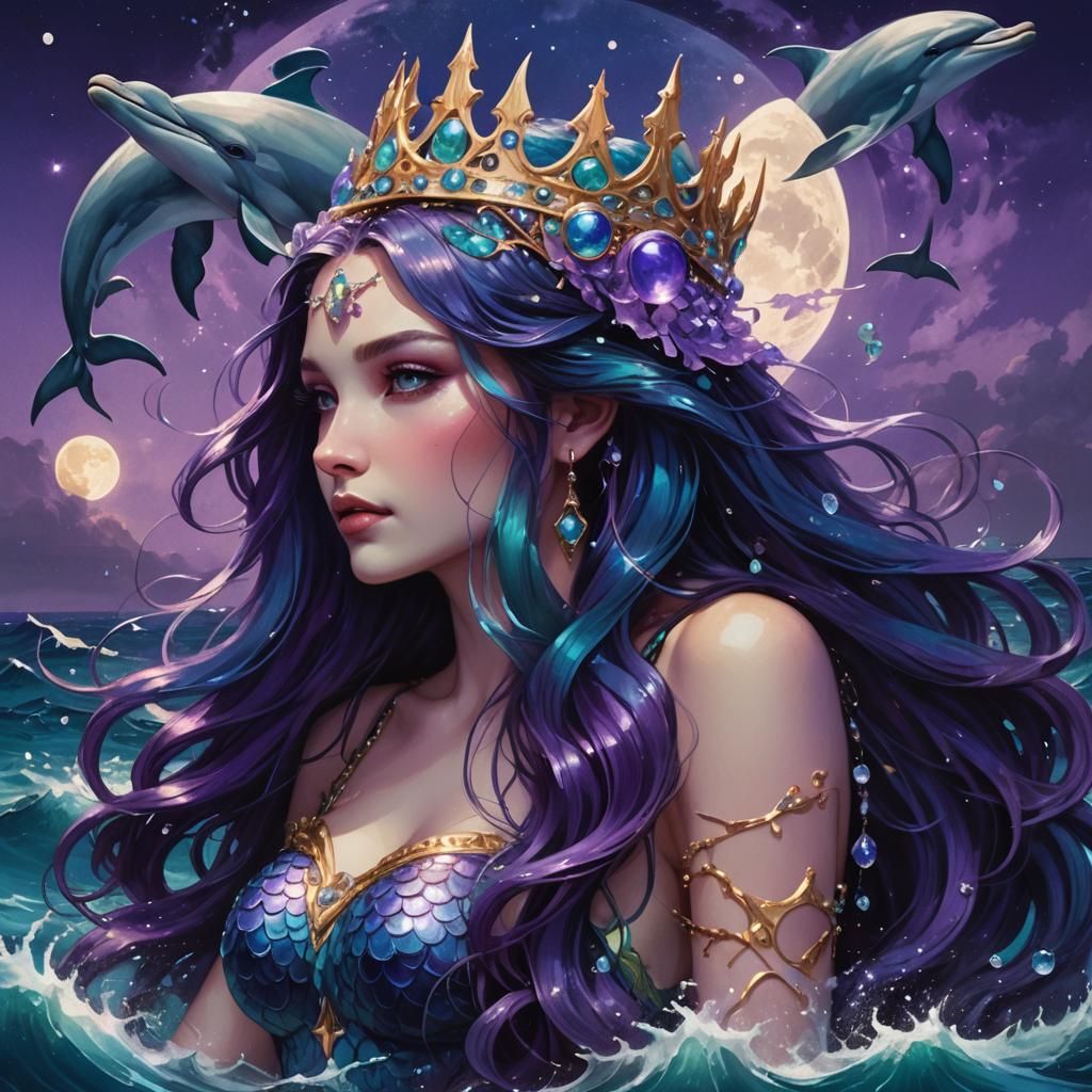 Mermaid with Blue Hair in Moonlit Ocean