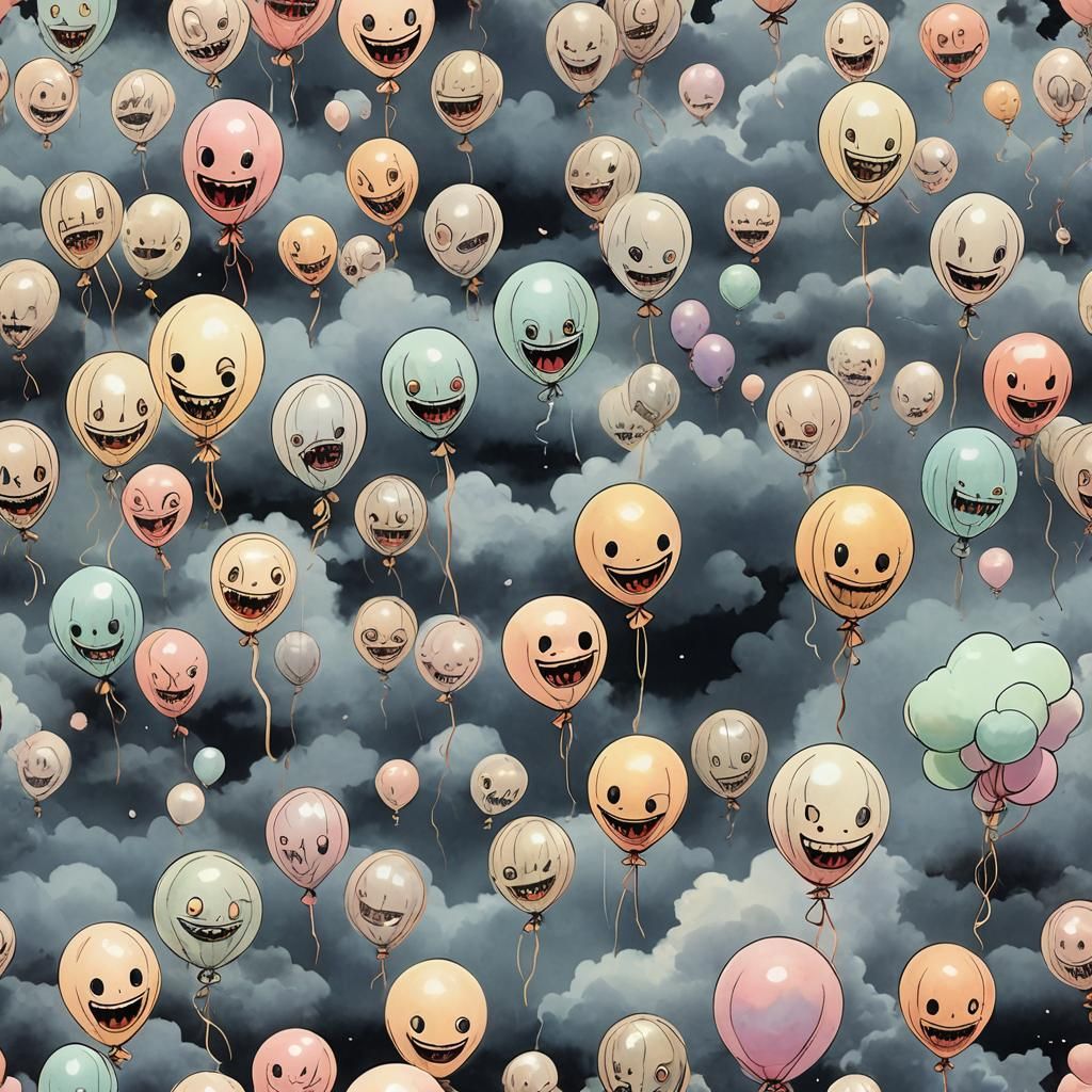 Creepy Balloons in Japanese Horror Anime Style