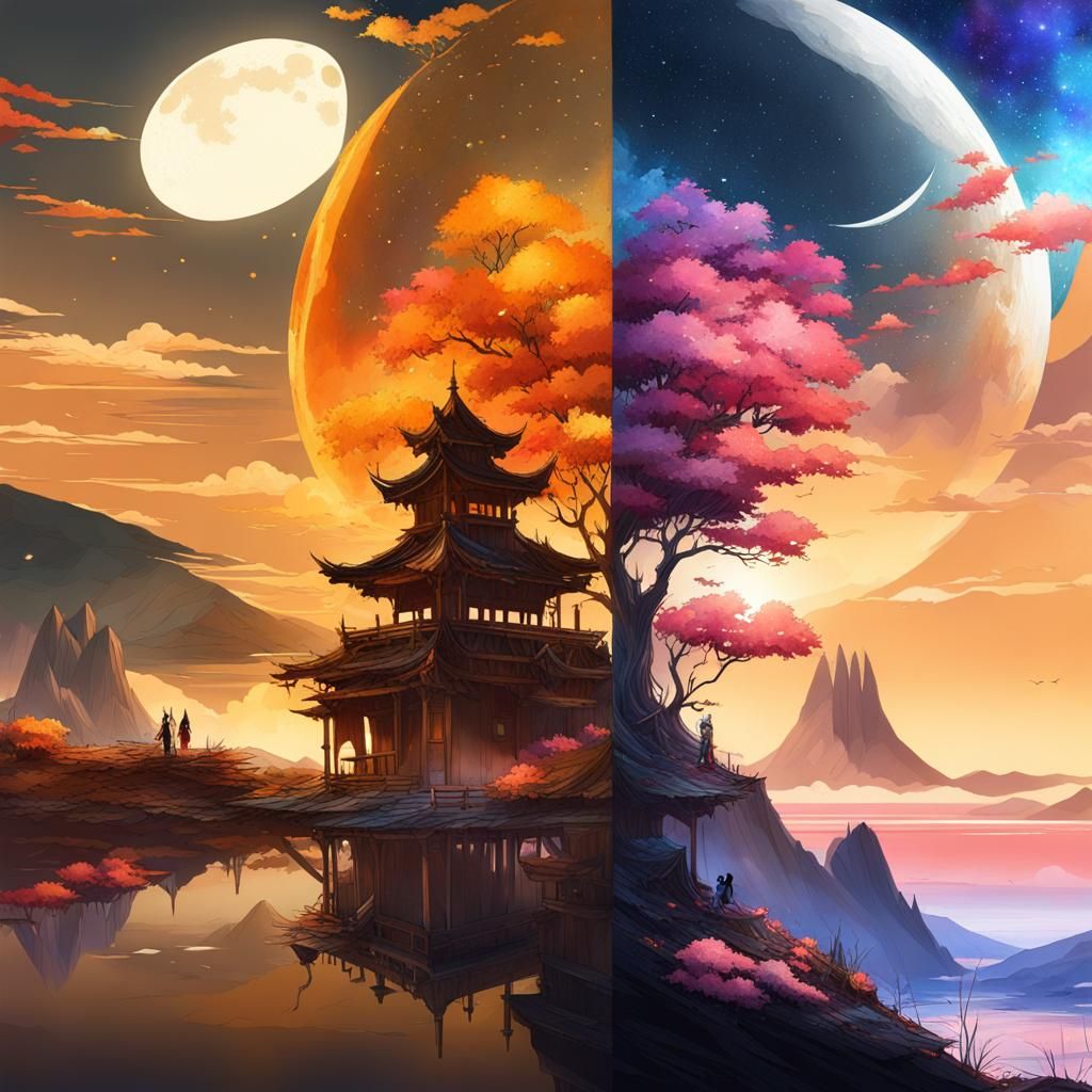 Sun and Moon Over Epic Architecture, Watercolor Style