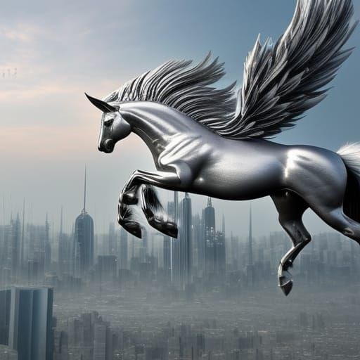 Majestic Silver Pegasus Flies Over Future Cityscape