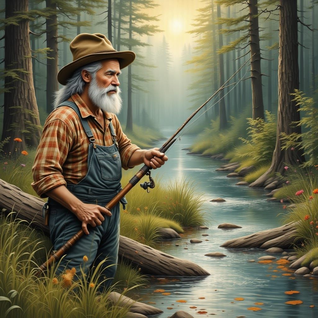 Rugged Old Fisherman with White Beard in Serene Landscape