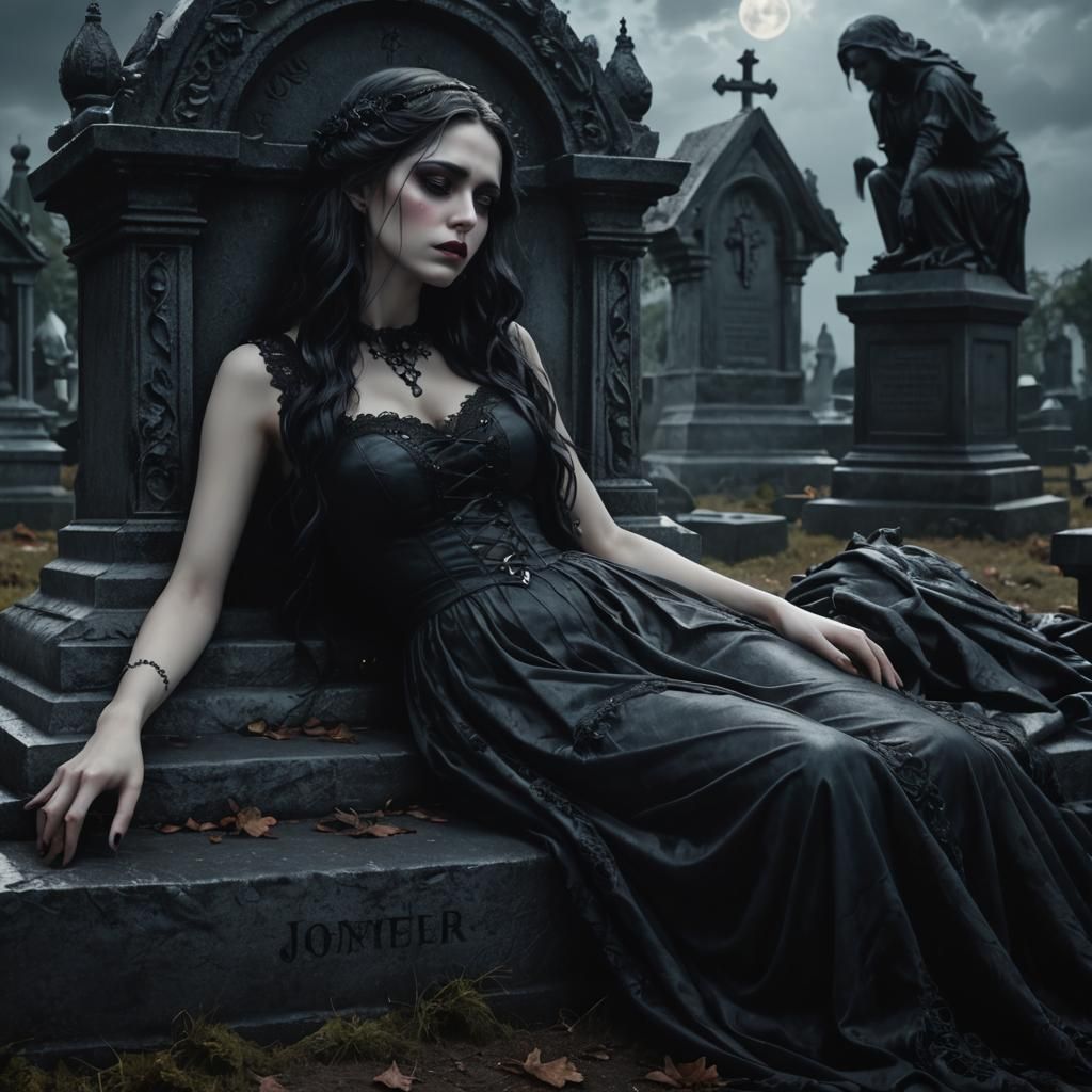 Gothic Girl Crying in Graveyard: a Digital Painting