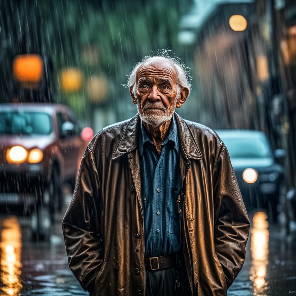 old man walking in the rain