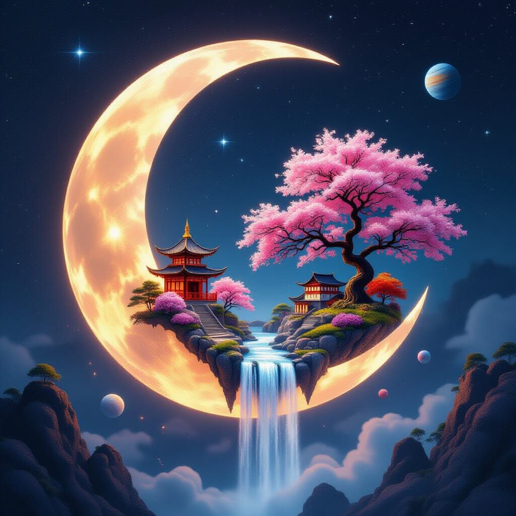 Glowing Crescent Moon Holds Serene Chinese Village in Space