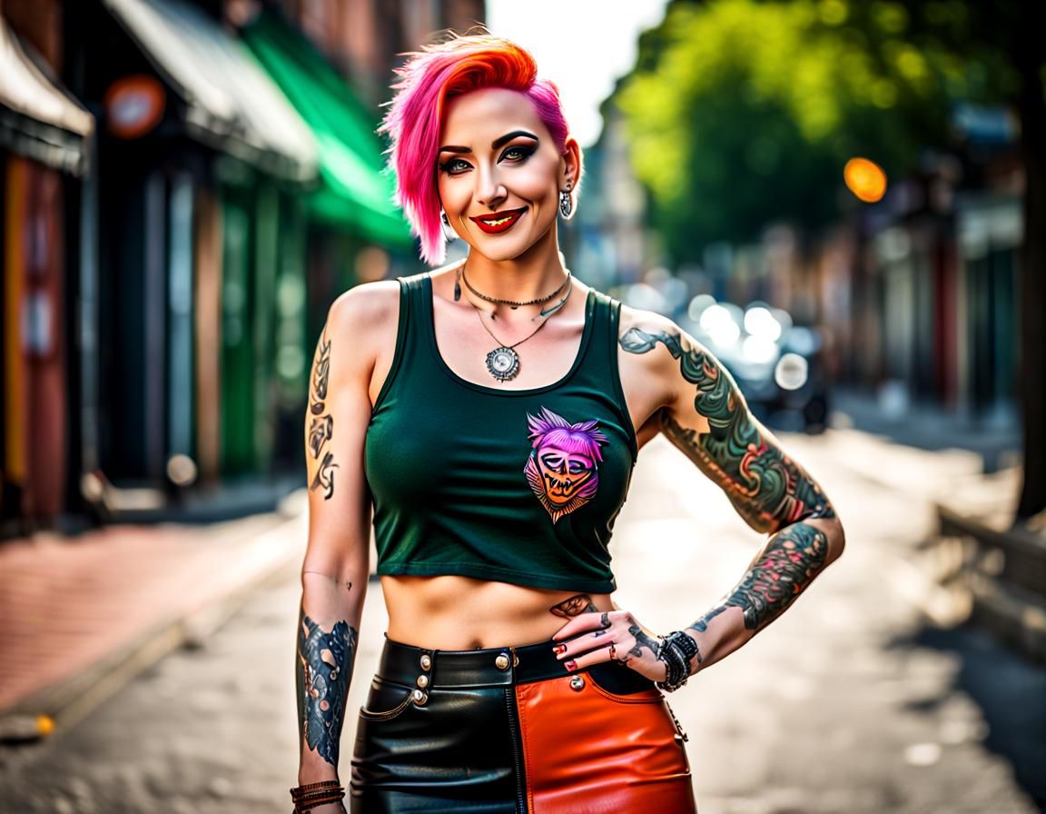 Tattooed Punk Girl with Colorful Hair, Street Photography