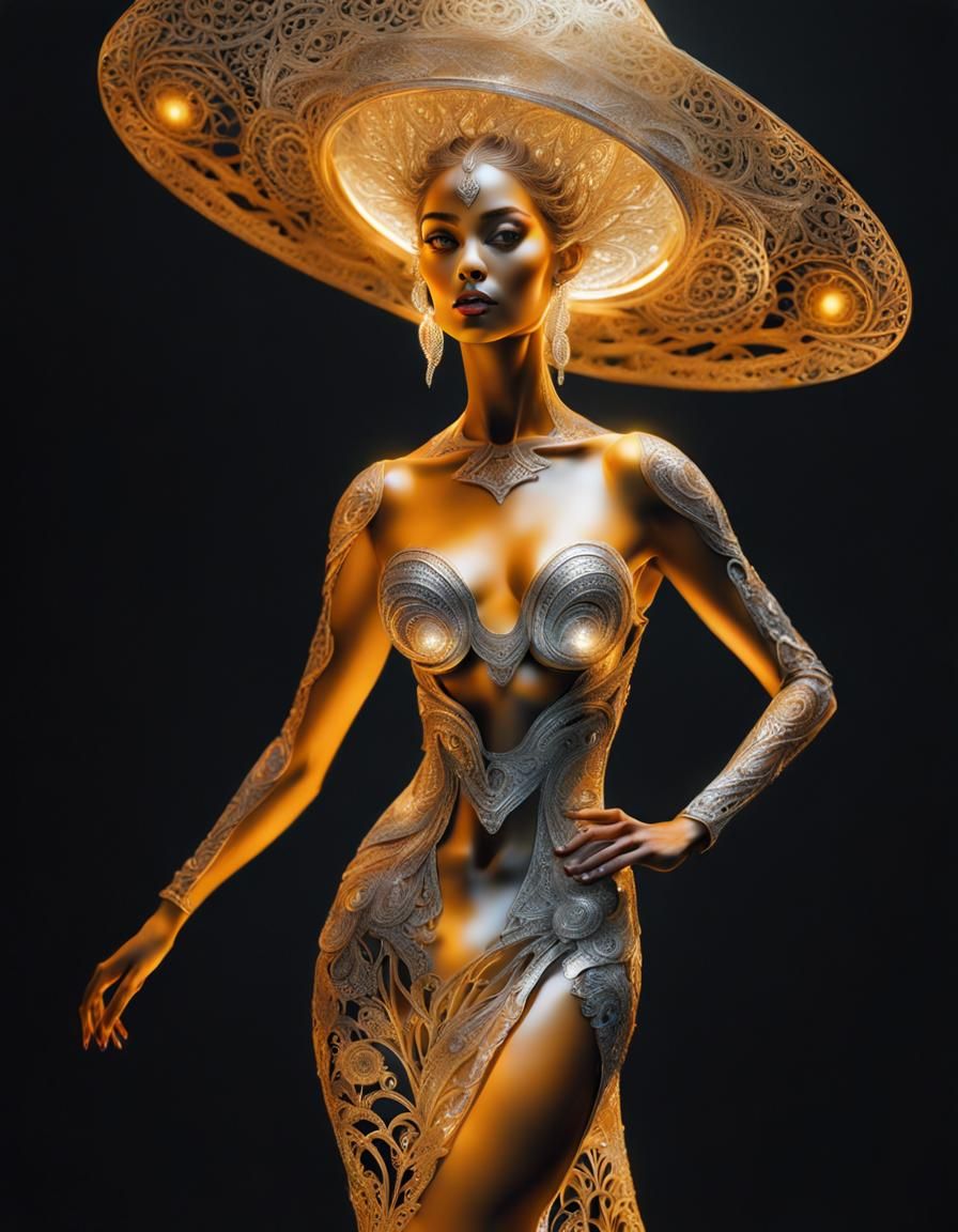 Alien Woman Portrait in Silver Filigree Double Exposure