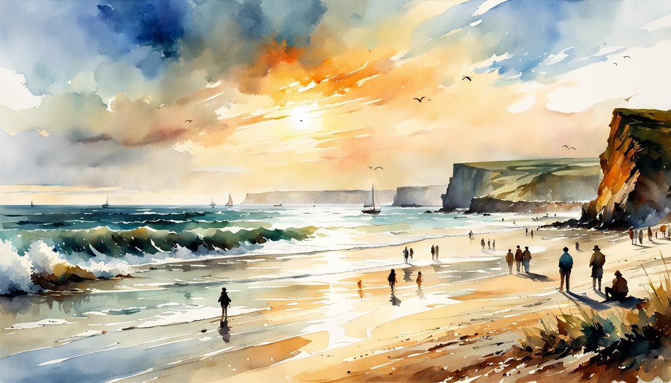 Watercolor Seashore Scene in Late Afternoon Breeze