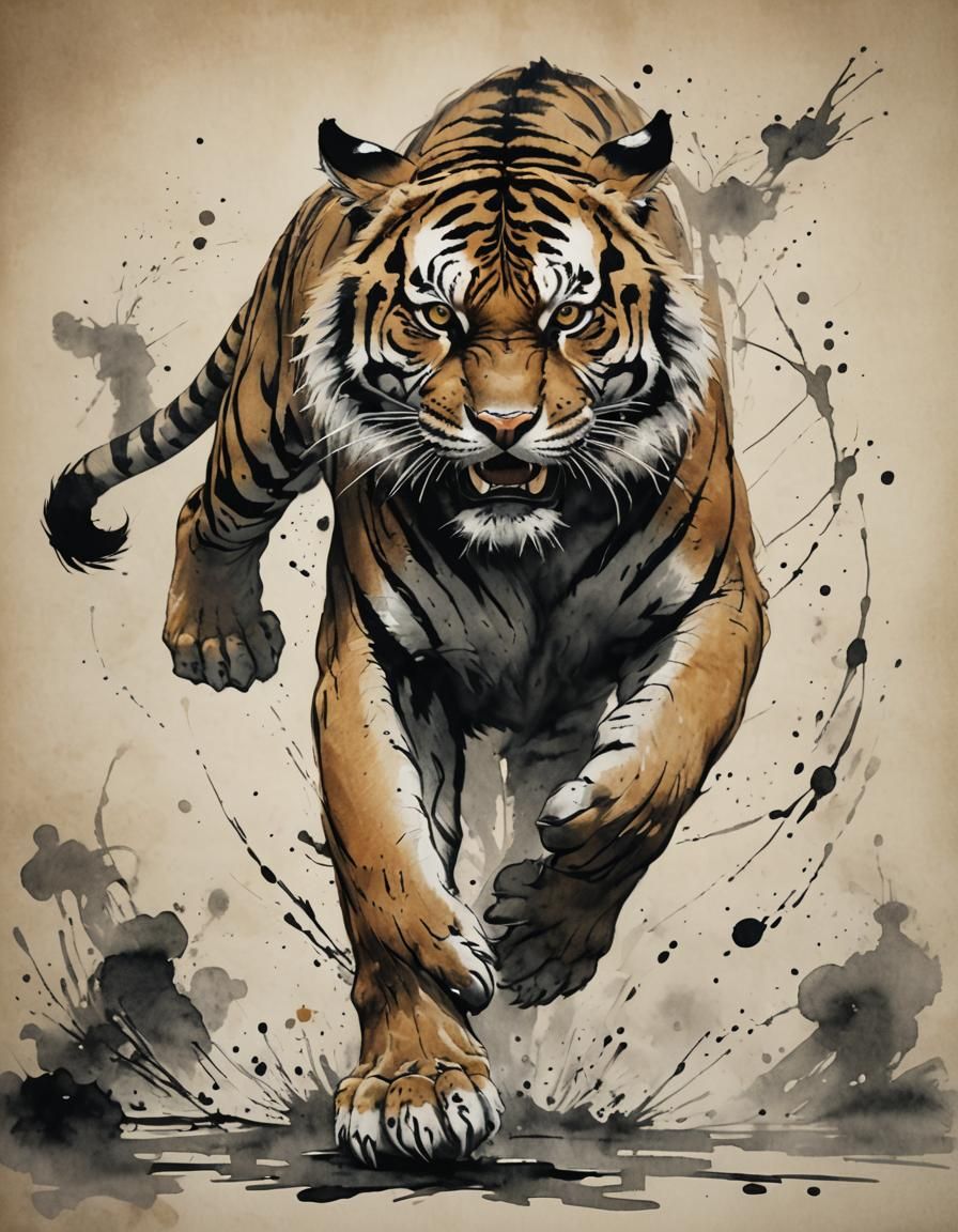 Angry Tiger Walking: Ink Painting Style