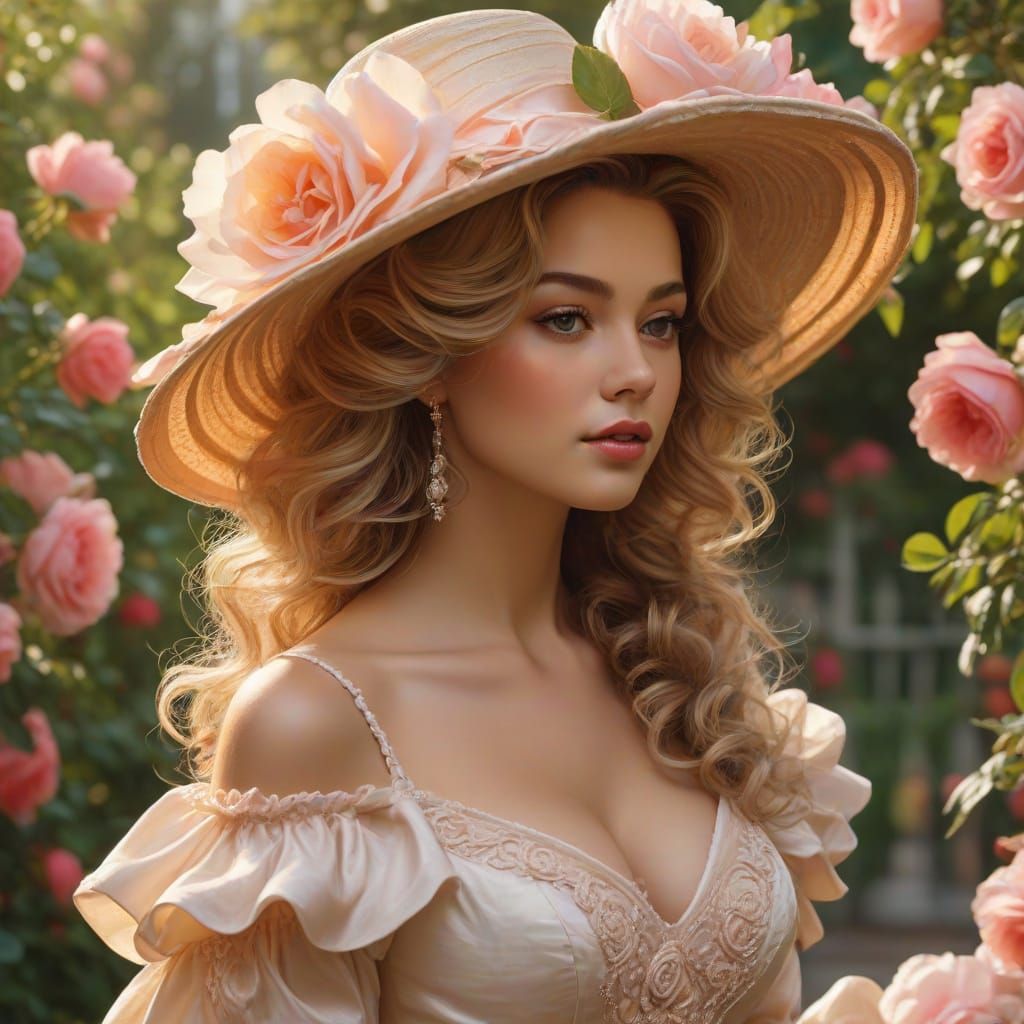 Southern Belle in Rose Garden Oil Painting