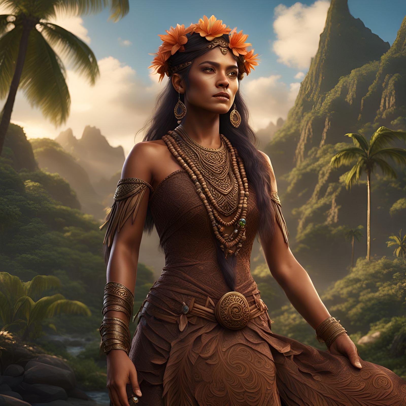 Native Hawaiian Woman in Intricate Dress, Detailed Art