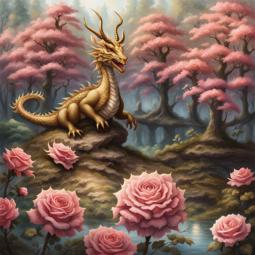 Rose Dragon in Magical Forest, Watercolor Art