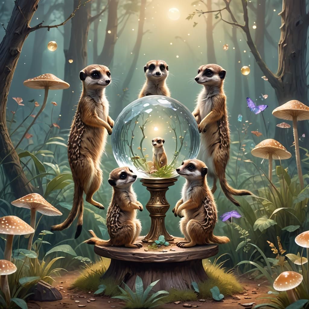 Meerkats Gazing into Crystal Ball in Misty Forest