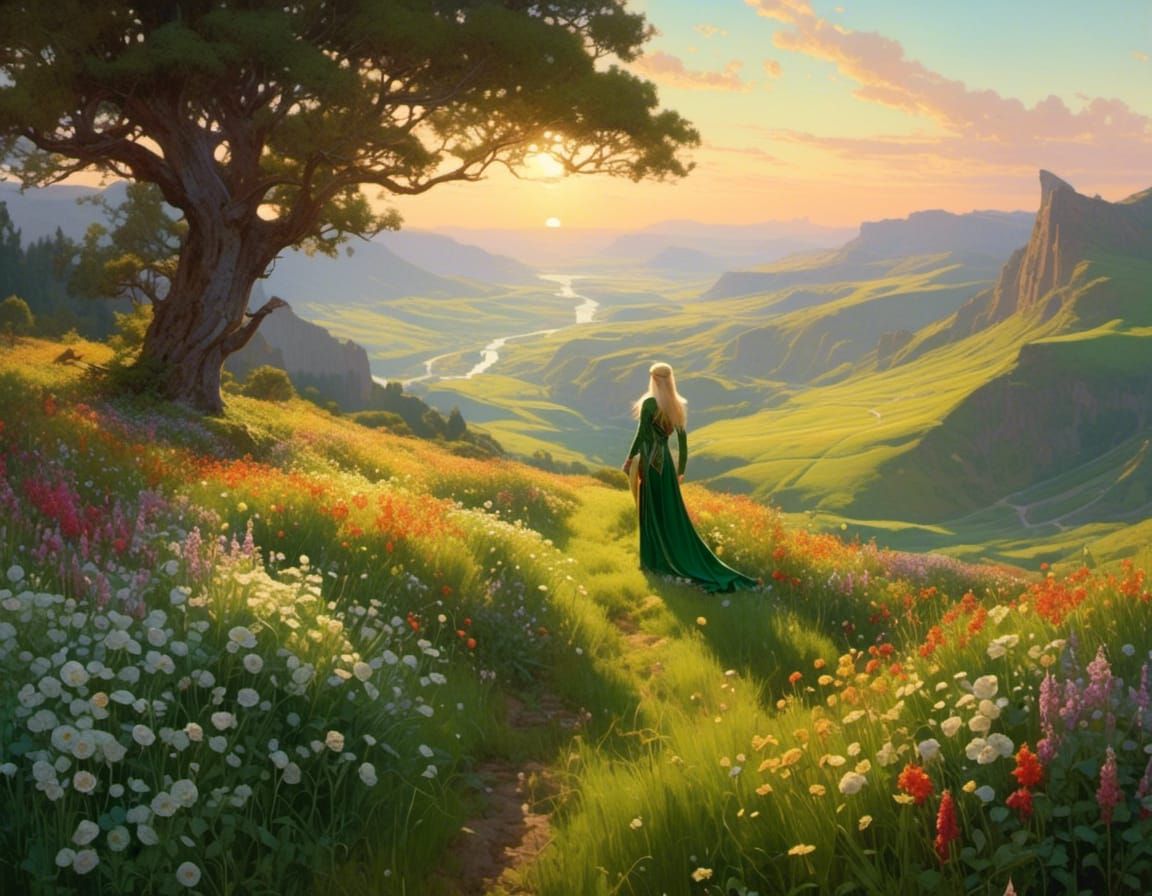 Elven Maiden in Wildflower Meadow at Sunrise