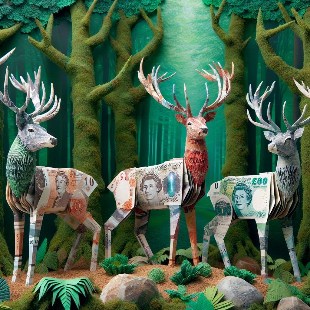 Currency Stags in Forest Paper Art Scene