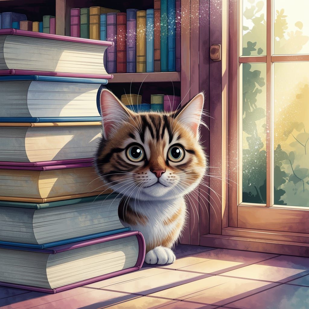 Cat in Library, Watercolor Illustration