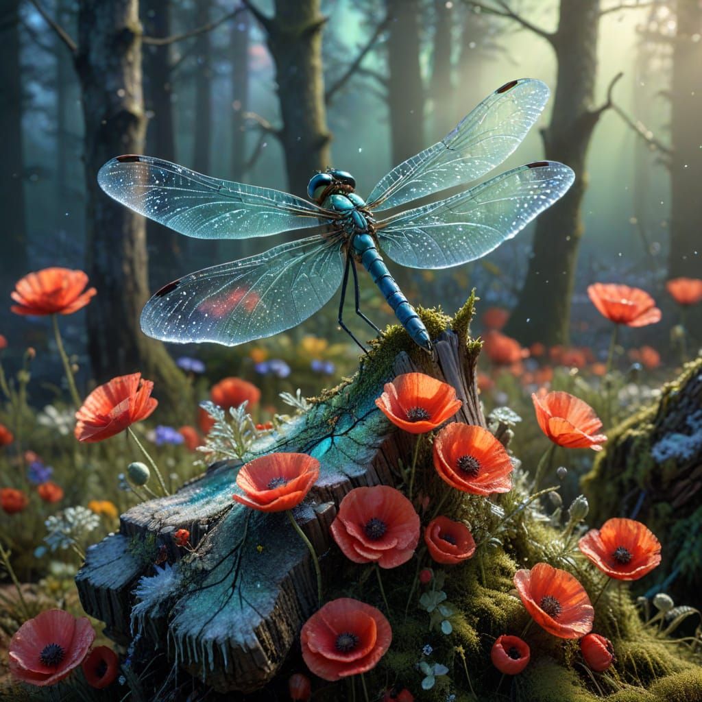 Intricate Dragonfly with Aurora Wings Rests on Poppy Stump