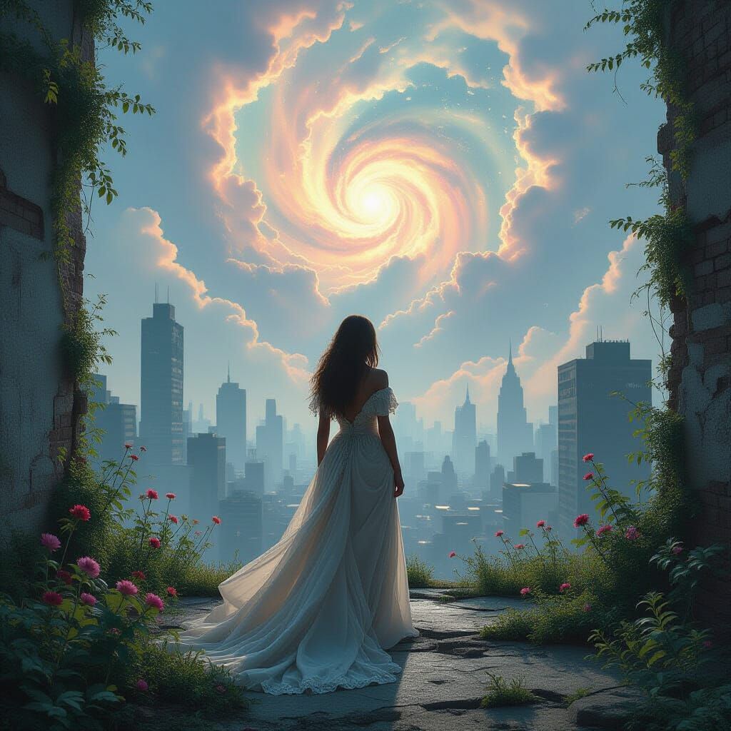 Ethereal Woman Gazing at Nebulae Over Cityscape