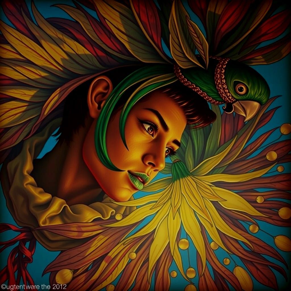 Chimaera of Life and Death with Teal Hair and Yellow Flower