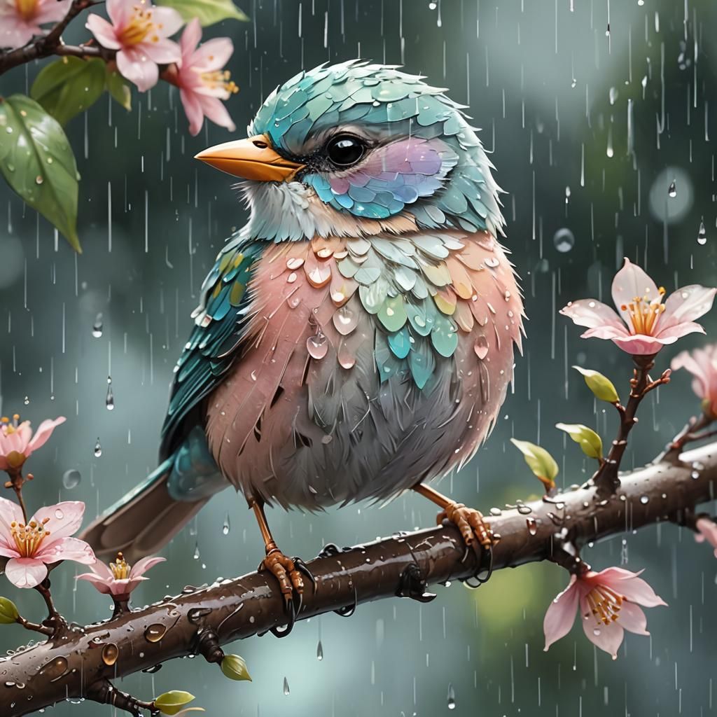 Pastel Bird Portrait in Rainy Vaporwave Style