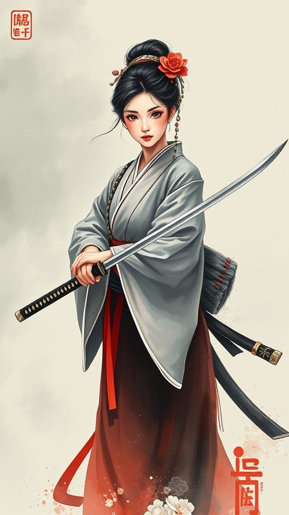 Japanese Woman with Katana in Watercolor Style