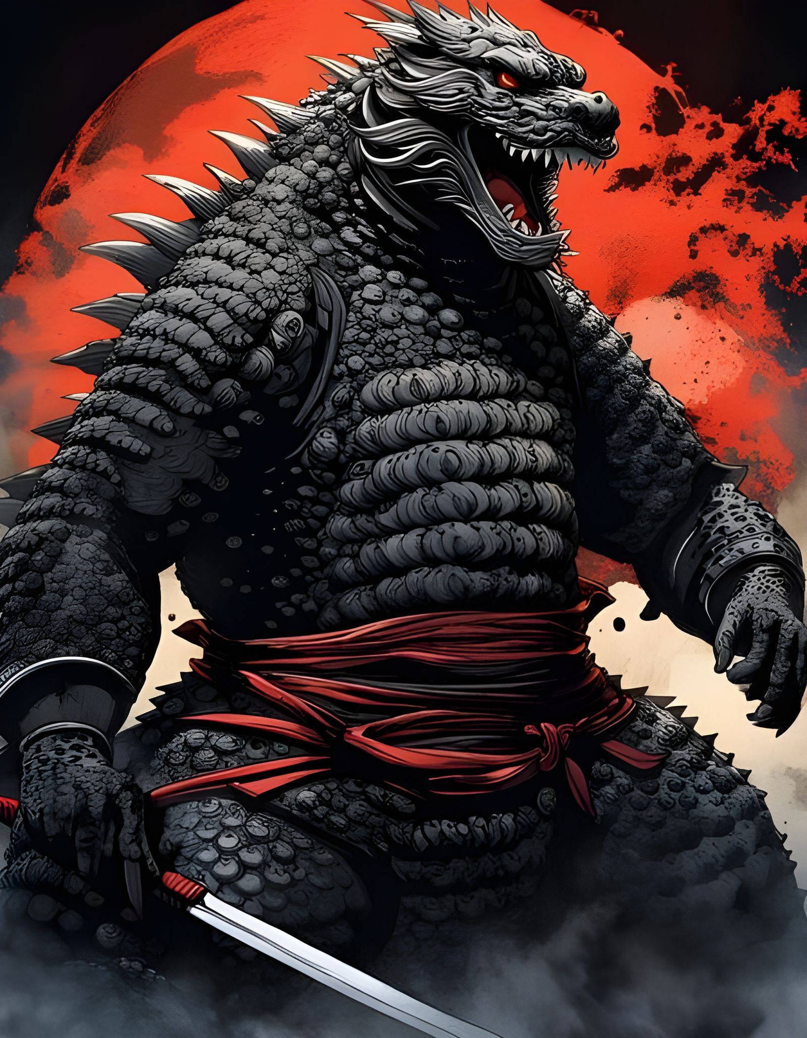 Godzilla as Samurai in Ukiyo-e Style