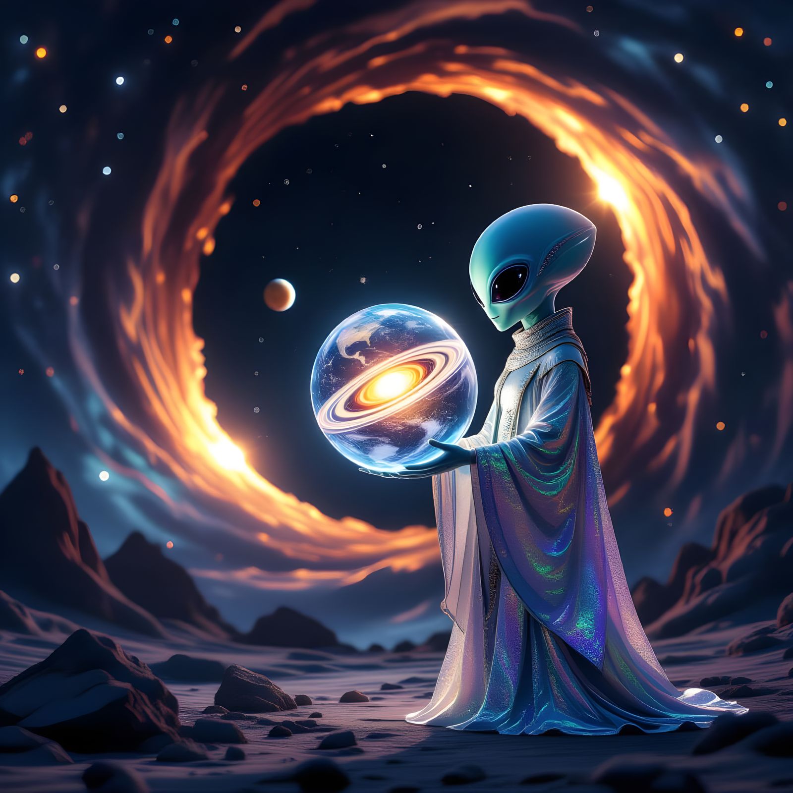 Alien Holds Crystal Globe of Solar System in Black Hole