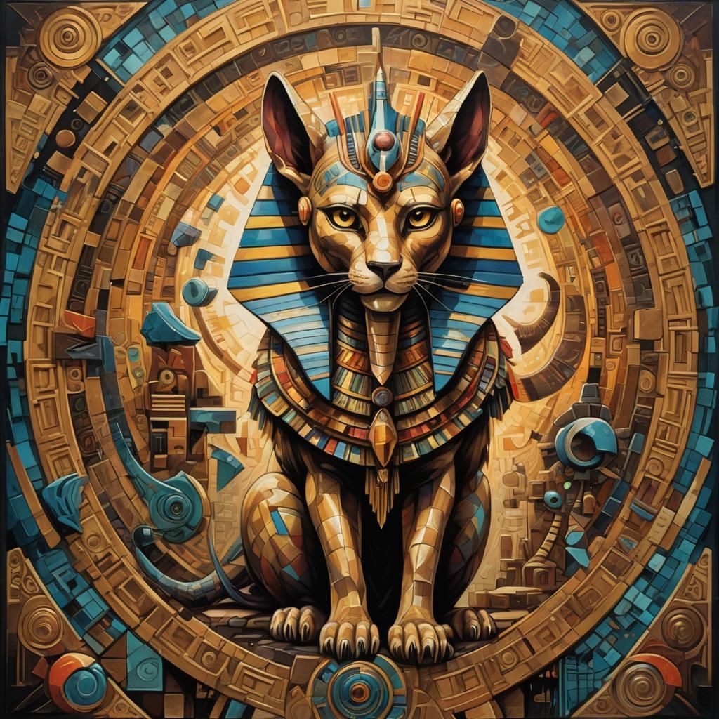 Egyptian Deity in Vibrant Cubist Oil Painting