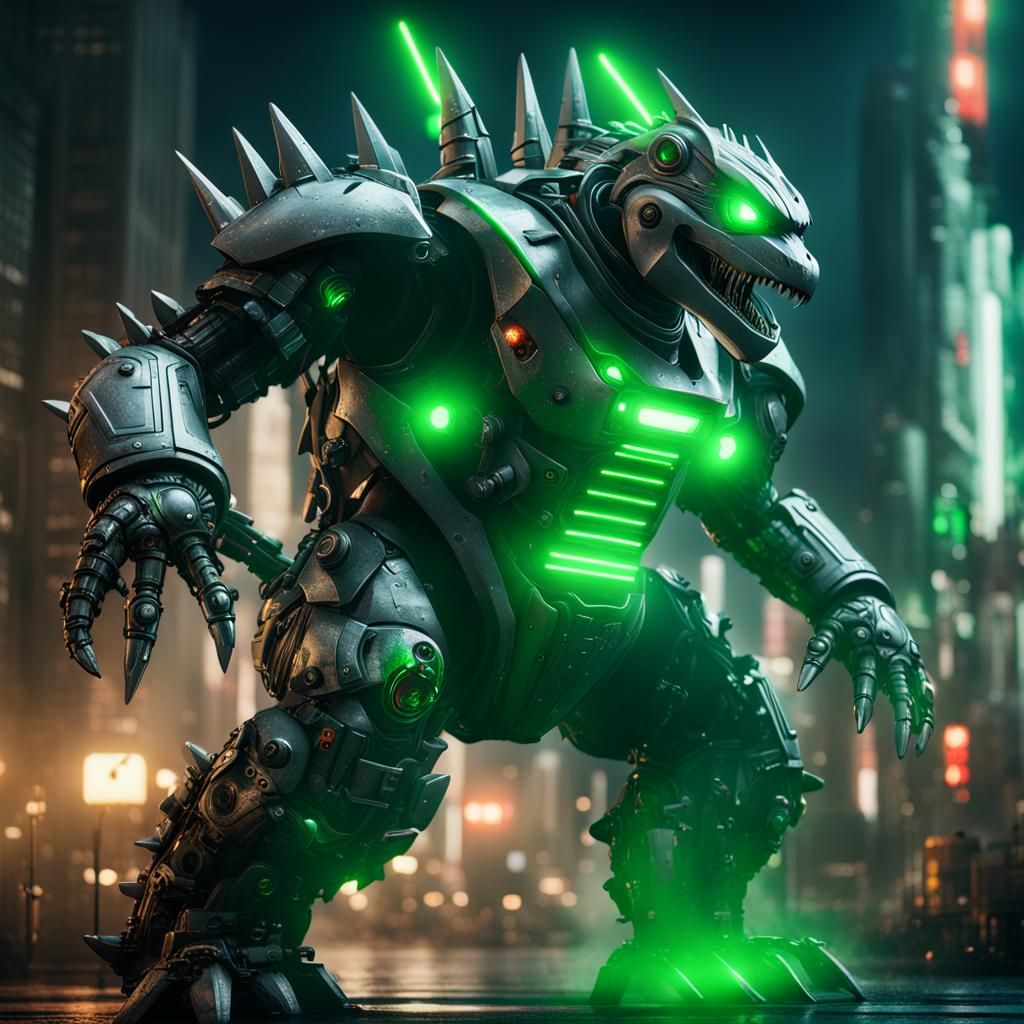 Mechagodzilla with Green Lights, Detailed Matte Painting