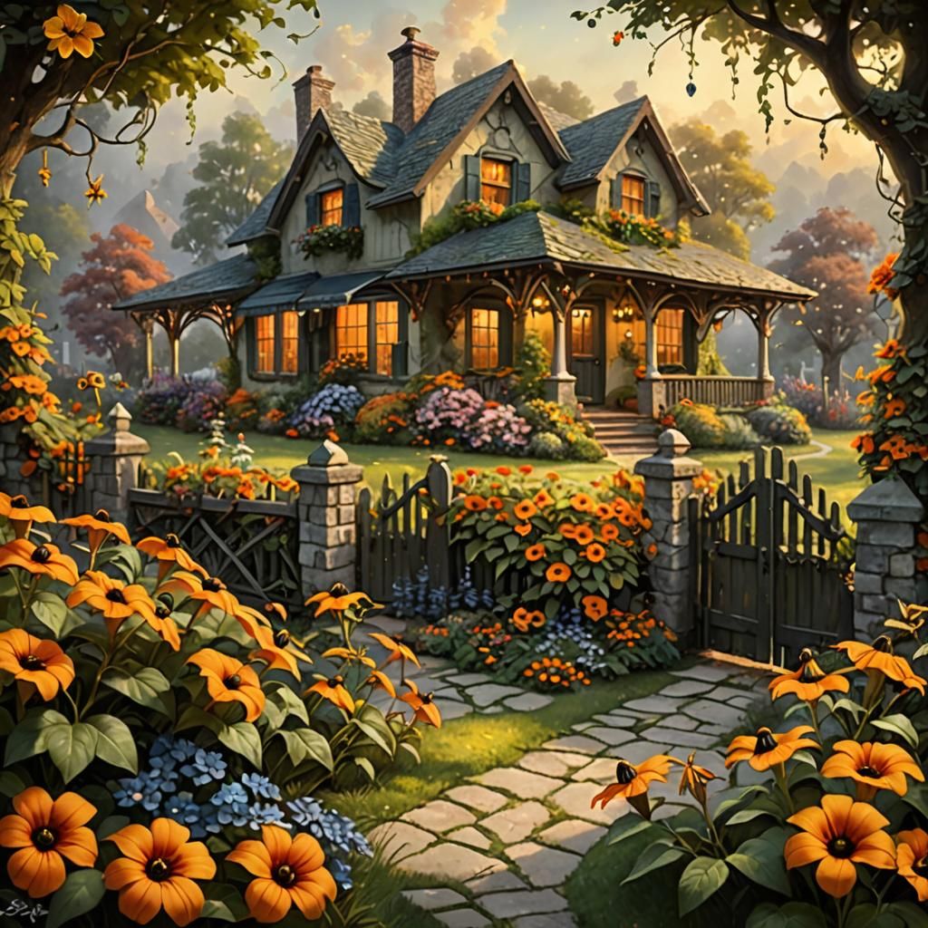 Charming Cottage Garden with Black-Eyed Susan Vine