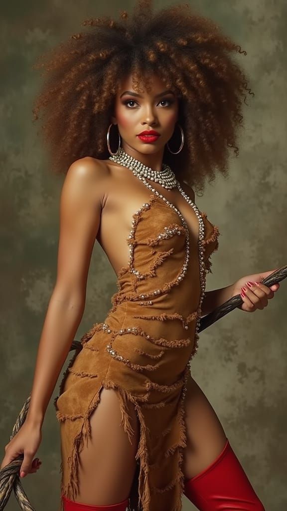 Glamorous Woman in Tiger Dress with Bold 80s Style