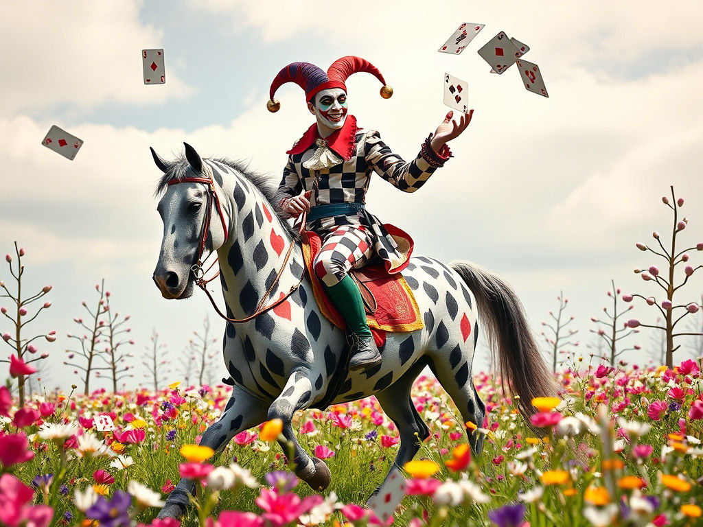 Joker Rider on Harlequin Horse in Floral Card Meadow