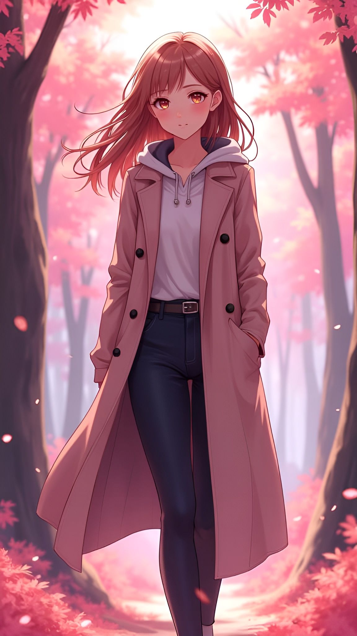 Beautiful Anime Woman Walking in Pink Forest
