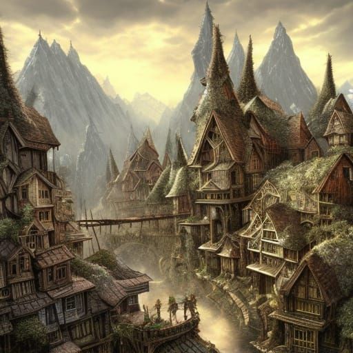 Elven Village Under Mountains: Cel-Shaded Comic Art