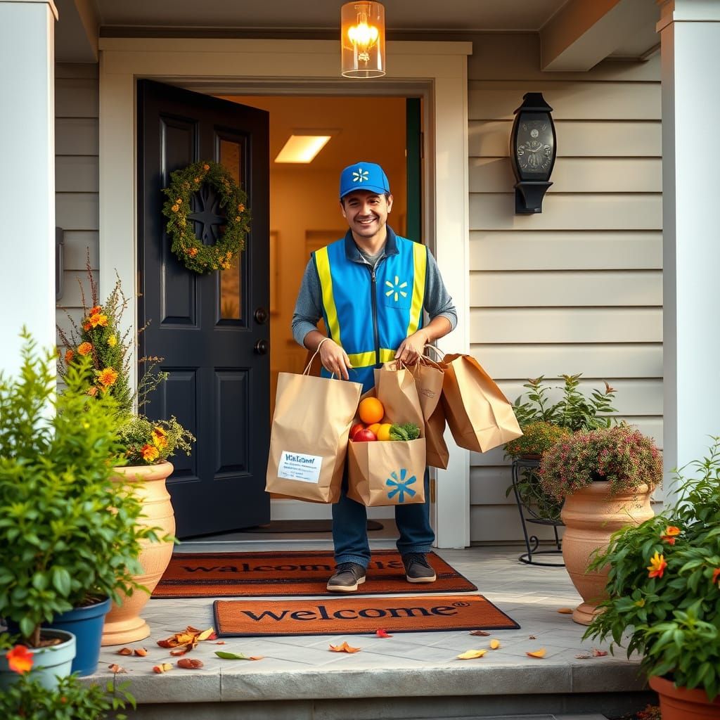Walmart Delivery Person Brings Fresh Groceries to Cozy Subur...