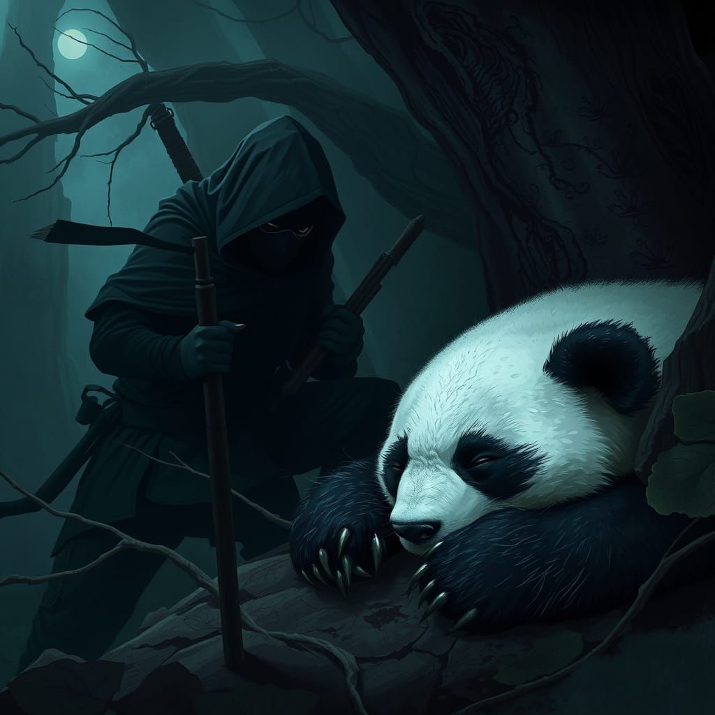 Ninja Sloth Watches Sleeping Panda in Dark Fantasy Style