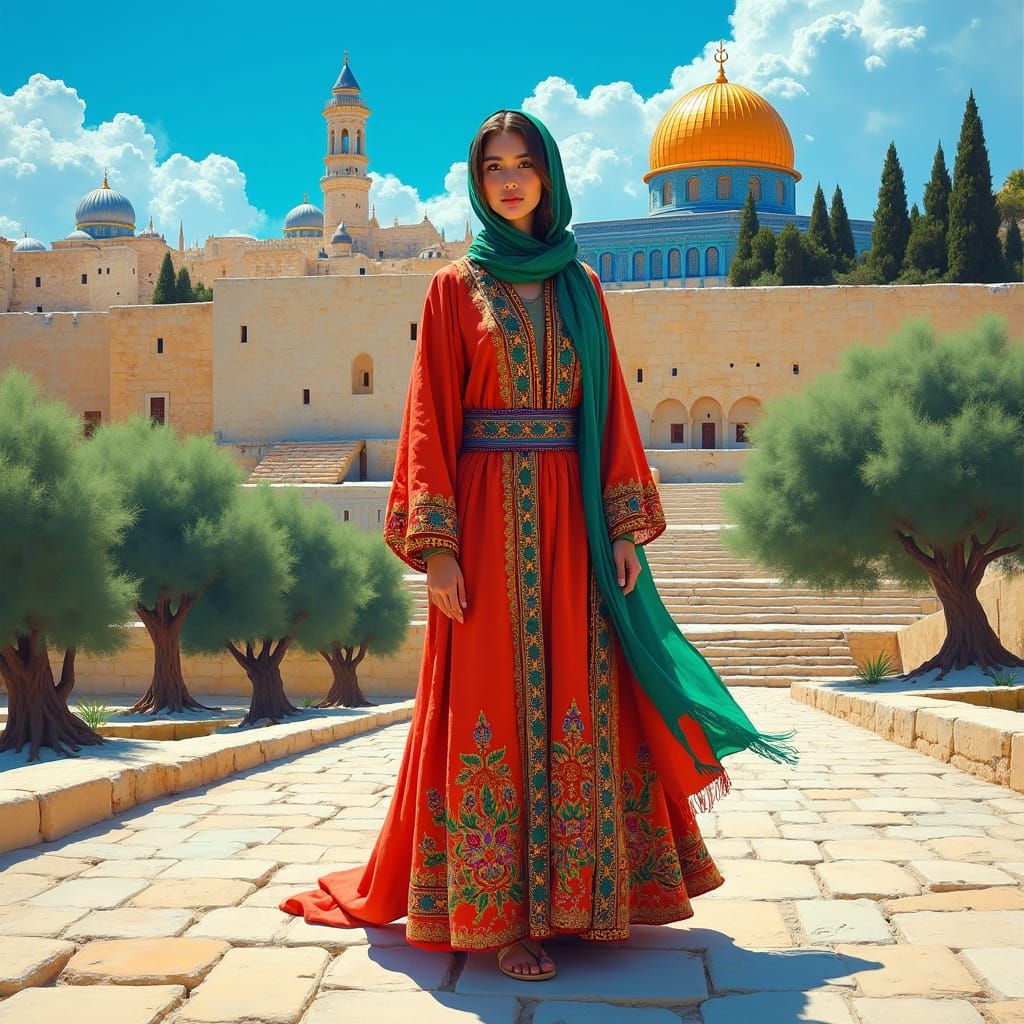 Palestinian Woman in Thobe with Jerusalem Landscape
