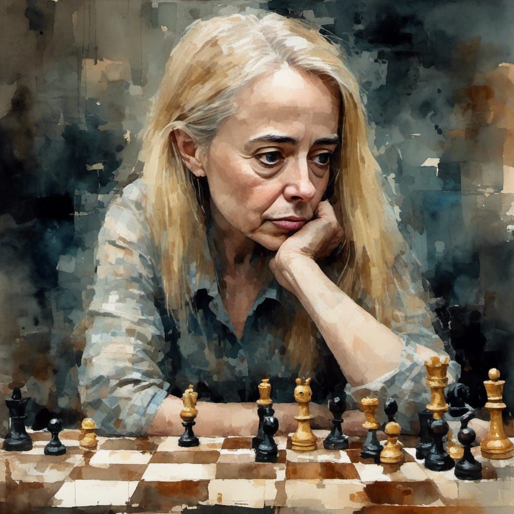 Expressive Portrait of Woman Playing Chess in Oil Painting S...
