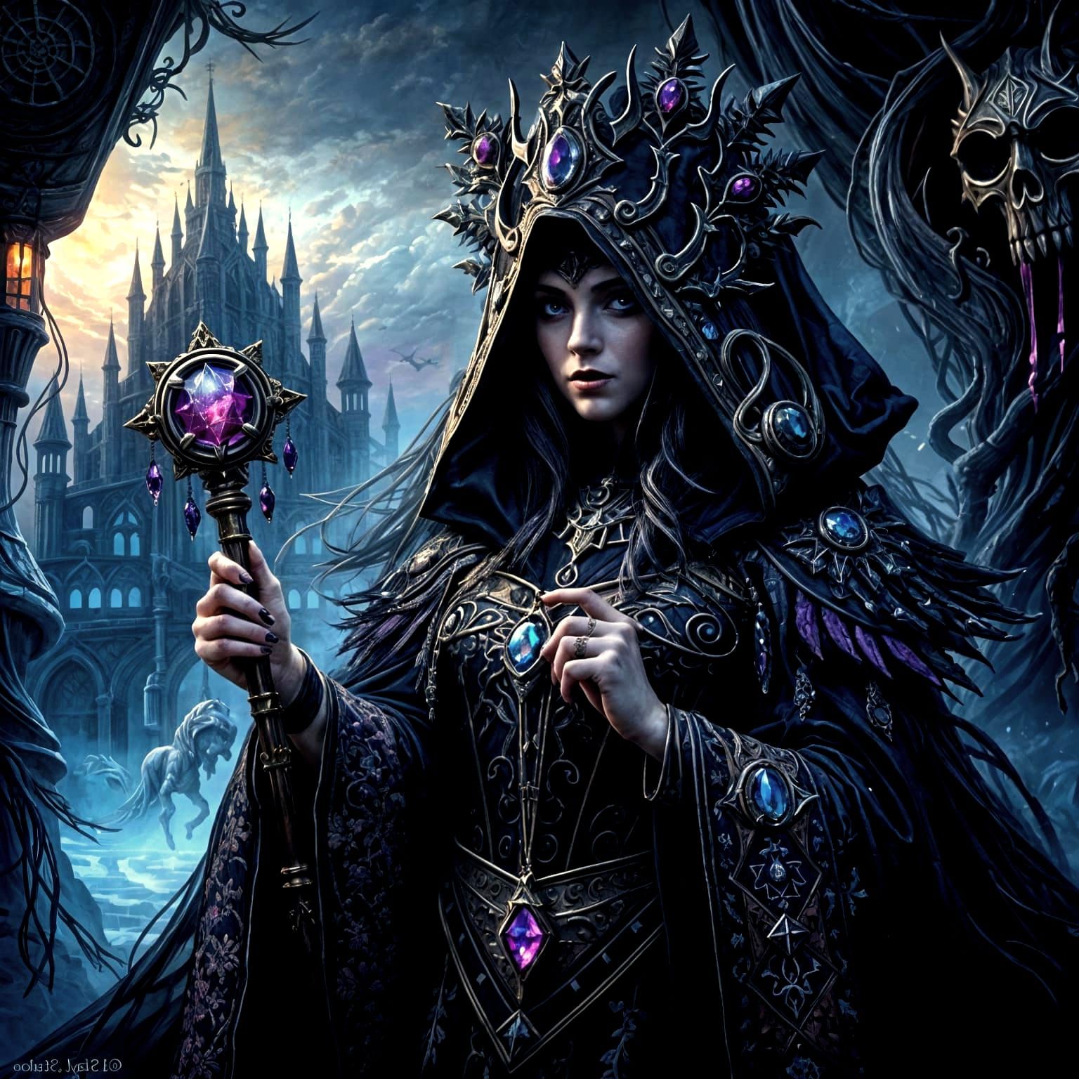 Mysterious Sorceress in Dark Tower as Impasto Painting