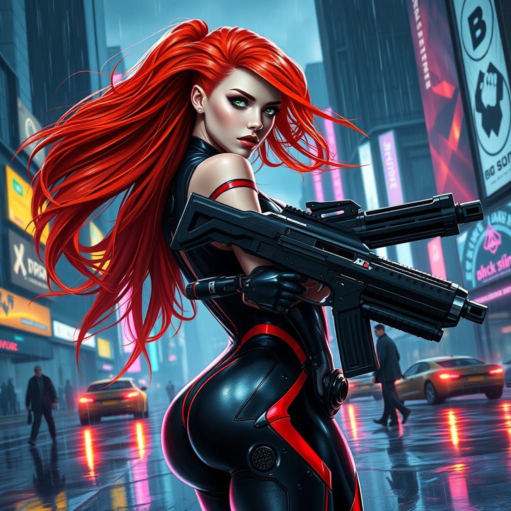 Cyberpunk Warrior Goddess in High-Tech Armor, Set Against a....