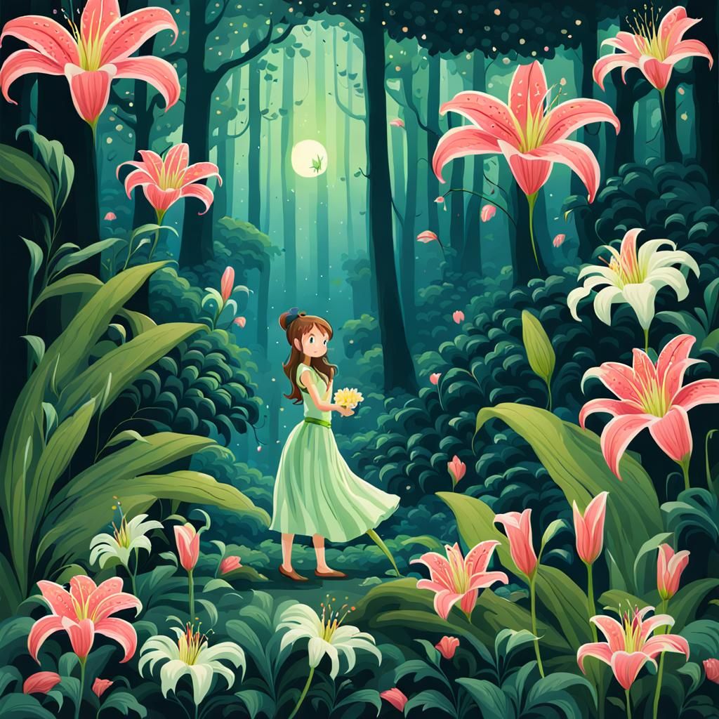 Lilly Flowers in a Forest with a Fairy