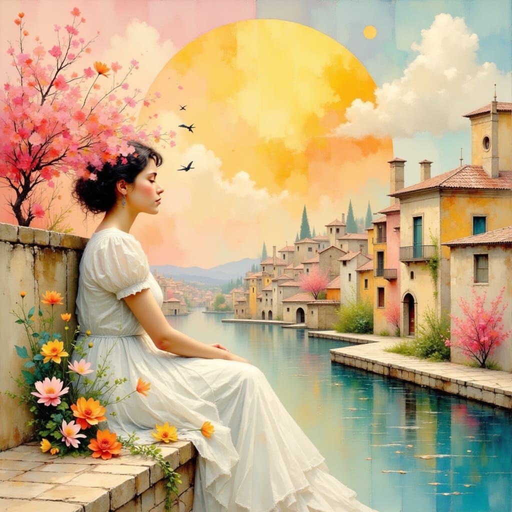 Watercolor Dreamscape: Surreal Sunrise Sunset Klimt Landscap...