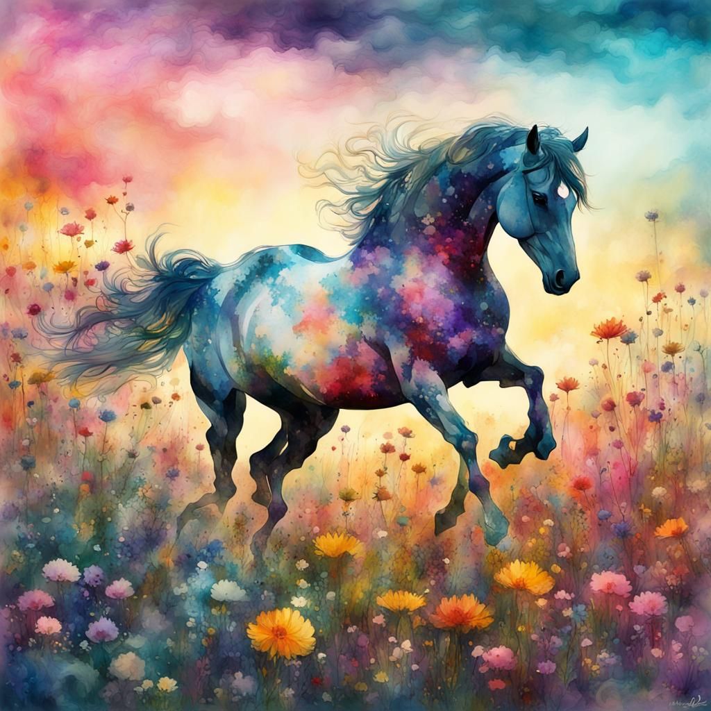 Prancing Horse Silhouette in Fantasycore Watercolour Landsca...