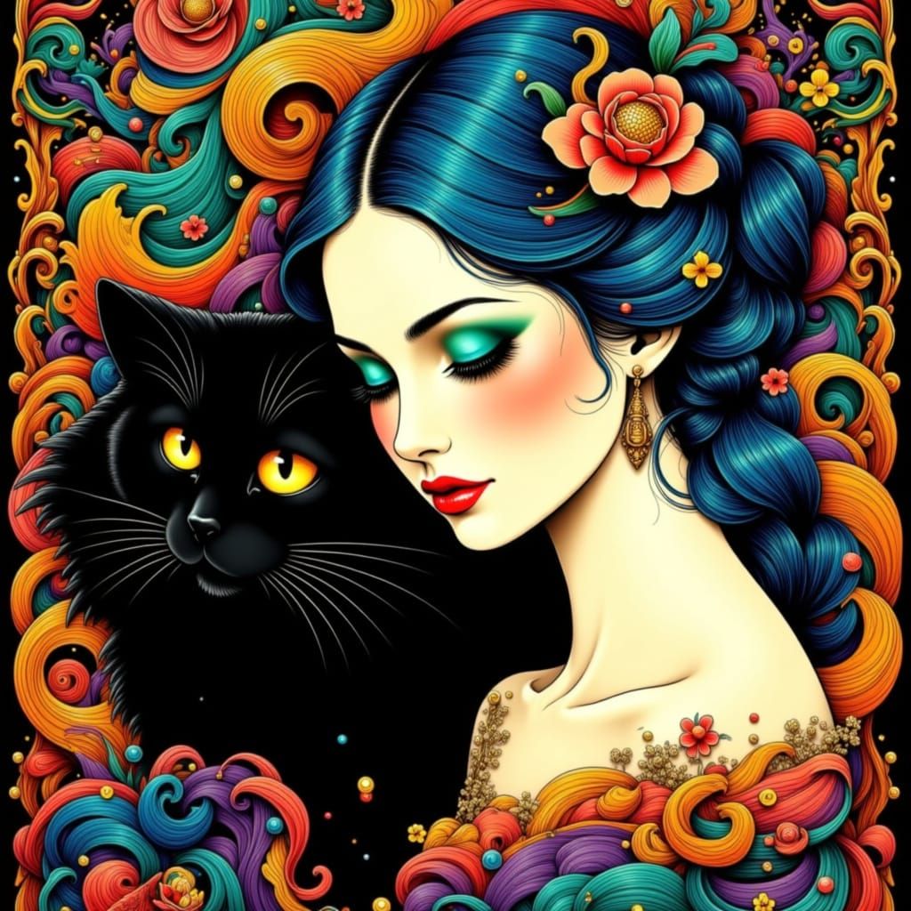 Surreal Woman Portrait with Black Cat in Art Nouveau Style