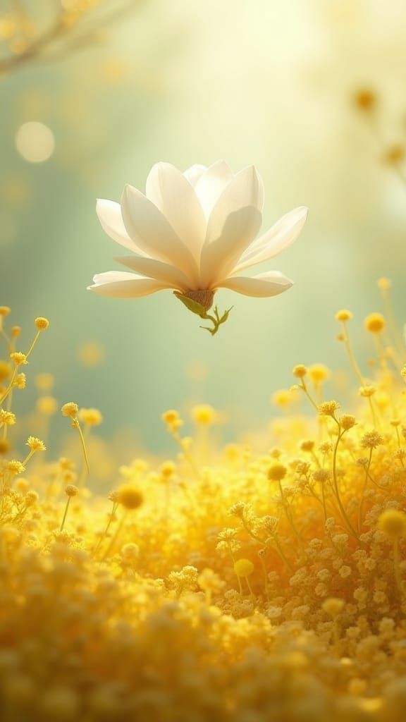 White Magnolia Above Mystical Field in Whimsical Style