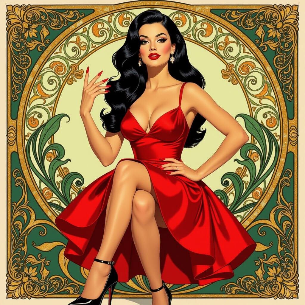 Vintage Pin-Up Girl in Art Nouveau Style