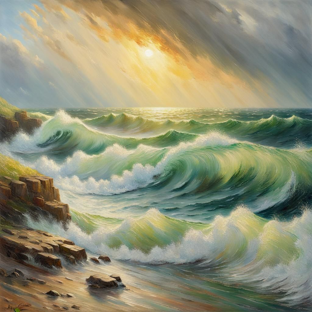 Sunlit Sea Wave Storm: Fine Art Landscape