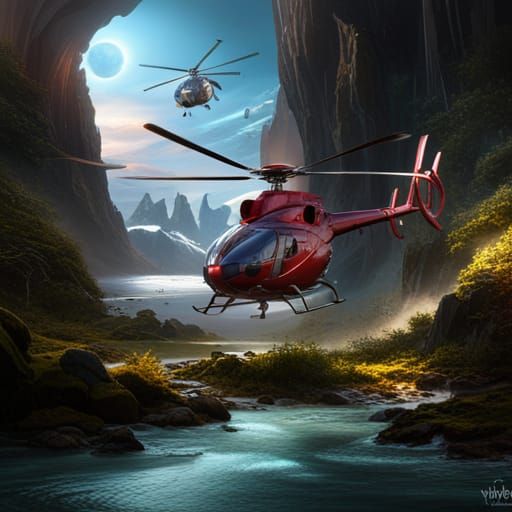 Fantastical Helicopter in Detailed Matte Painting