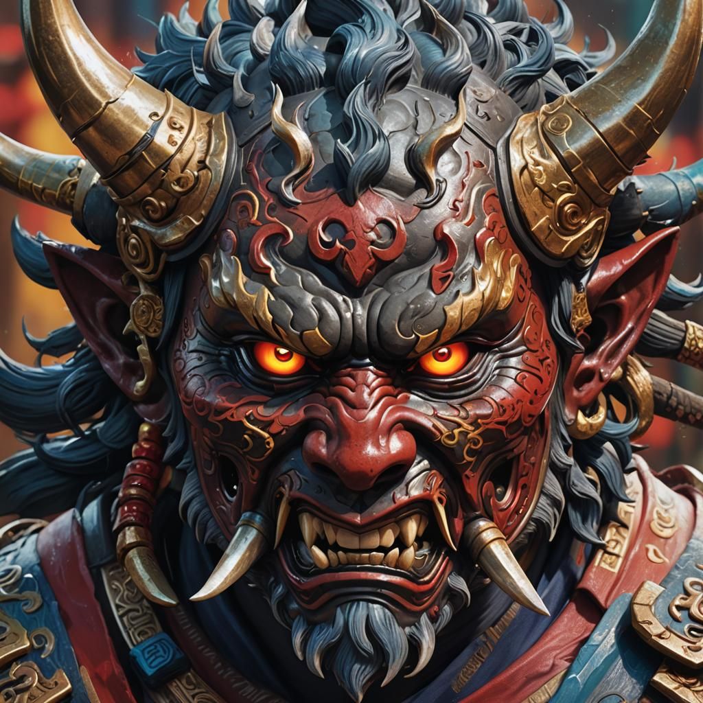 Intricately Detailed Oni Mask Concept Art