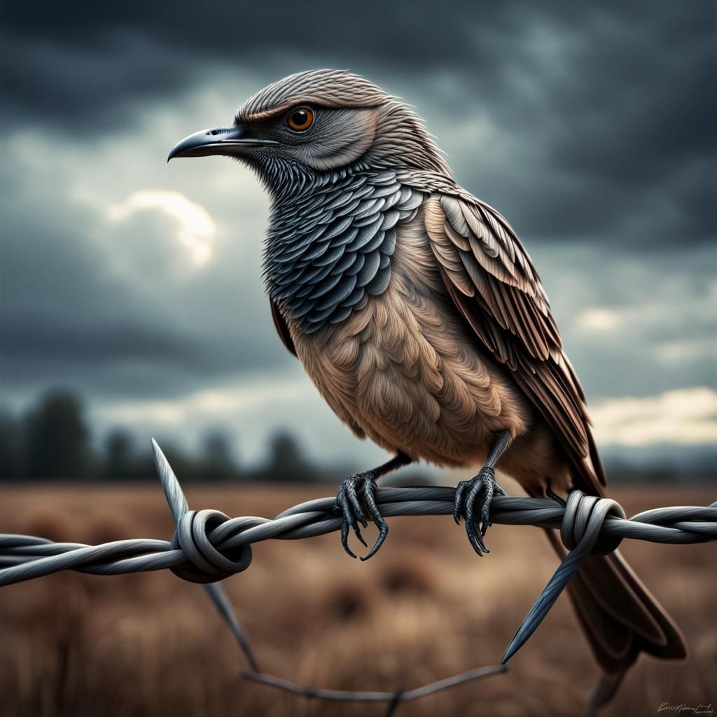 Hyperrealistic Barbed Wire Bird in Fantasy Style