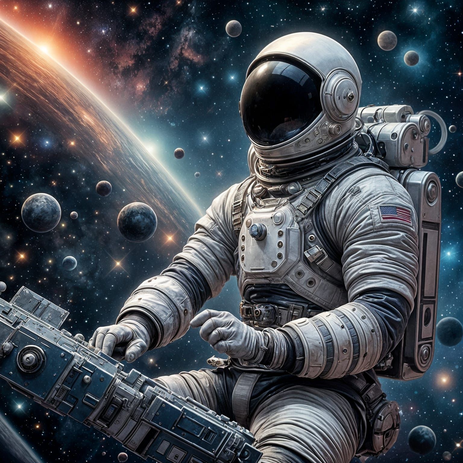 Sleek Astronaut Navigates Space in Futuristic Satellite